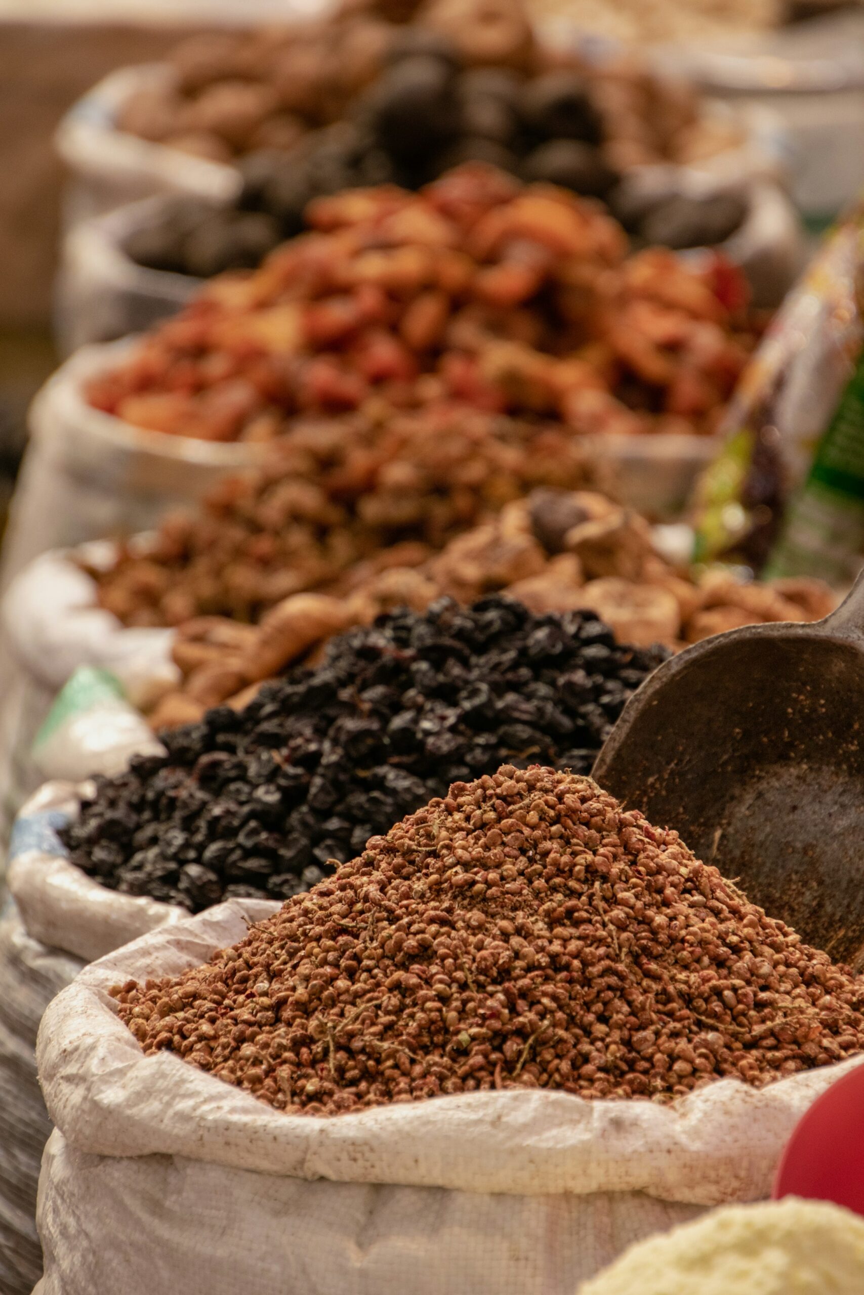 A variety of spices on display at a market